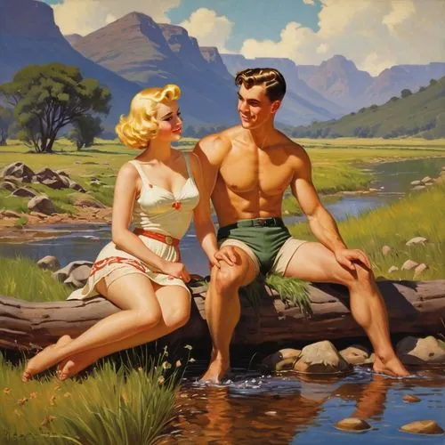 young couple,vintage boy and girl,vintage man and woman,the blonde in the river,radebaugh,bathers,Illustration,Retro,Retro 10