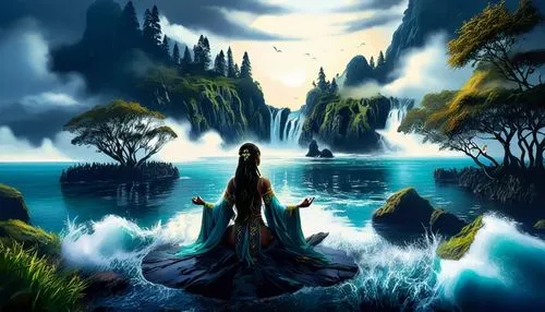 painting of a woman meditating in the ocean,fantasy picture,thingol,fantasy art,alfheim,fathom,tuatha,Illustration,Realistic Fantasy,Realistic Fantasy 25