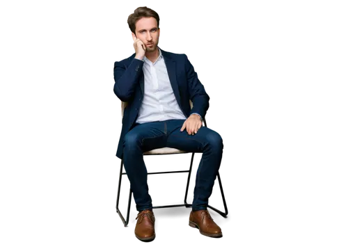 Man, thinking, solo, (30yo), short brown hair, stubble beard, blue eyes, serious facial expression, white shirt, black blazer, dark jeans, leather shoes, sitting on a chair, hands clasped together, 3/