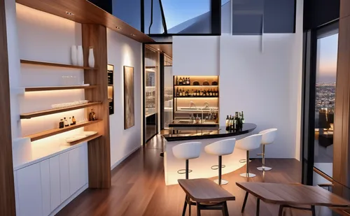 El techo representa una concha. En el fondo está la cocina. Mucha madera,penthouse apartment,modern kitchen interior,modern kitchen,kitchen design,wine cellar,modern minimalist kitchen,sky apartment,w