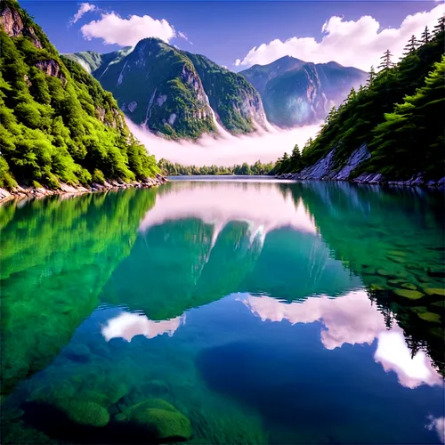 Heavenly scenery, serene landscape, majestic mountains, fluffy white clouds, vibrant greenery, crystal clear lake, rippling water, gentle waterfall, warm sunlight, soft mist, 3/4 composition, panorami