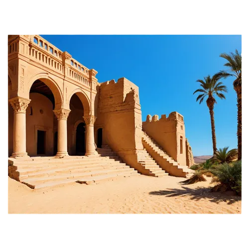 Desert landscape, endless dunes, golden sand, clear blue sky, hot sun, palm trees, ancient ruins, Arabic architecture, stone columns, intricate carvings, worn stone stairs, majestic arches, warm light