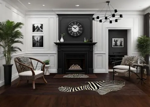 Design me an interior design concept for my living room, featuring black and white walls with wooden floors. In the center of the space is an elegant fireplace. The color scheme includes zebra print r