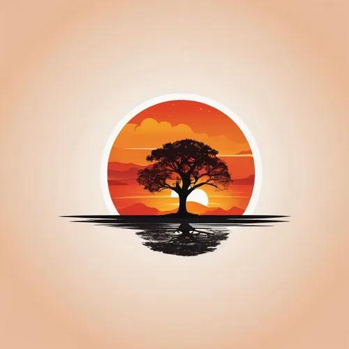 Describe a serene evening scene with a solitary tree silhouette against a fiery sunset.,sunburst background,landscape background,background vector,lone tree,palm tree vector,red sun,tangerine tree,iso