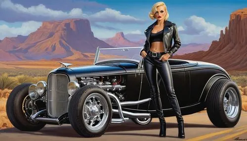 1932-ford-custom-zz-top-eliminatorو woman, oval face, blond, sharp  eyebrow, almond eyes, blue eyes, wide lips, triangle body shape,  wearing black leather jacket (open chest) and short leather leggin