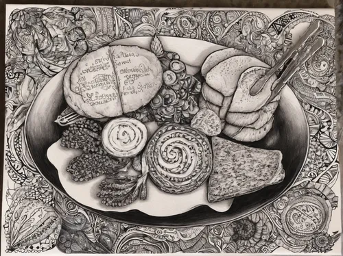 hands holding plate,zentangle,donut drawing,ammonite,ceramics,stone drawing,food line art,digestive system,donut illustration,gastropods,mushroom landscape,still life with onions,mitochondrion,pencil and paper,cancer illustration,ceramic,brassica,pen drawing,molluscs,cancer drawing,Illustration,Black and White,Black and White 11