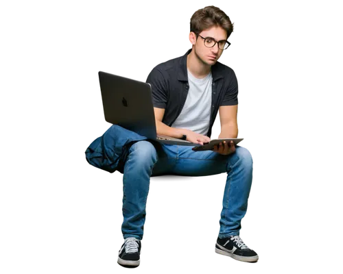 male coder, young adult, messy brown hair, black framed glasses, casual white t-shirt, worn jeans, sneakers, MacBook on lap, coding gestures, serious facial expression, warm indoor lighting, 3/4 compo