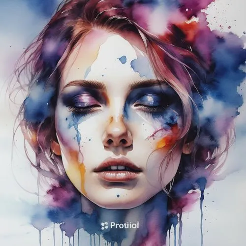 a woman's face is covered in watercolor,provoke,pacitti,precognition,preverb,painted lady,priestess,Photography,General,Realistic