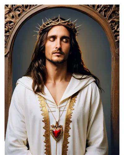 Jesus Christ, sacred heart, crown of thorns, gentle face, soft gaze, white robes, golden halo, intricate embroidery, subtle texture, warm lighting, shallow depth of field, cinematic composition, panor