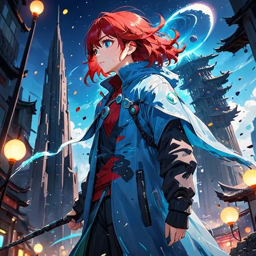 alien, femal, futuristic, red hair, blue eye,a person holding a sword on top of a building,mitsuru,shinsha,kolken,alpana,lavi,hiromasa,Anime,Anime,Traditional