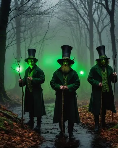 Evil Leprechauns, multiple, (3-4), ugly faces, wicked grins, beady eyes, green coats, golden buttons, black pants, pointy shoes, holding wands, casting spells, misty swamp, twisted trees, glowing mush