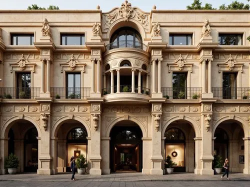 Ornate Renaissance-inspired facade, grand archways, ornamental columns, intricately carved stone details, symmetrical compositions, classical proportions, warm beige stonework, rusticated quoins, deco