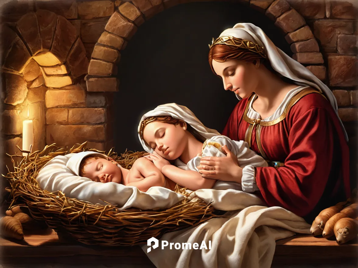 Describe a serene manger scene with baby Jesus sleeping peacefully.,holy family,nativity of jesus,christ child,nativity of christ,birth of christ,birth of jesus,the manger,baby jesus,candlemas,nativit