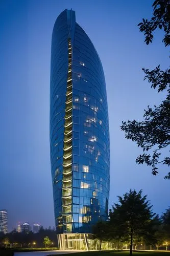 Modern futuristic skyscraper, MFE (Multi-Faceted Ecology) architecture, sleek metallic exterior, curved lines, angular shapes, LED lights embedded in walls, rooftop garden with lush greenery, solar pa