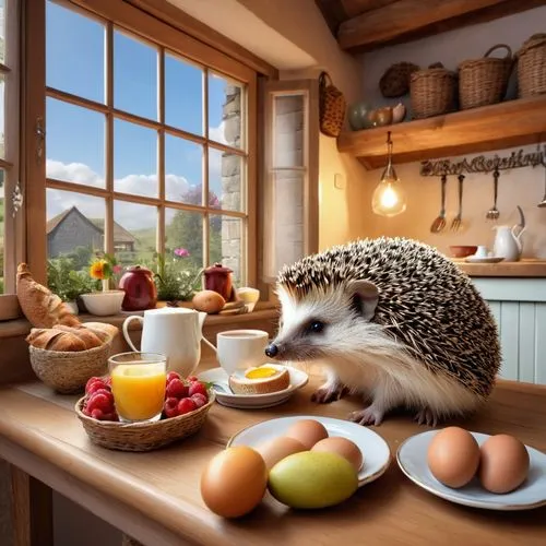 Hedgehog in Beatrice Potter style is having breakfast in her cosy cottage, she sits a her table, eggs, bread and fruits in front of her, she's holding a hot cup of coffee, behind her are the words "Go