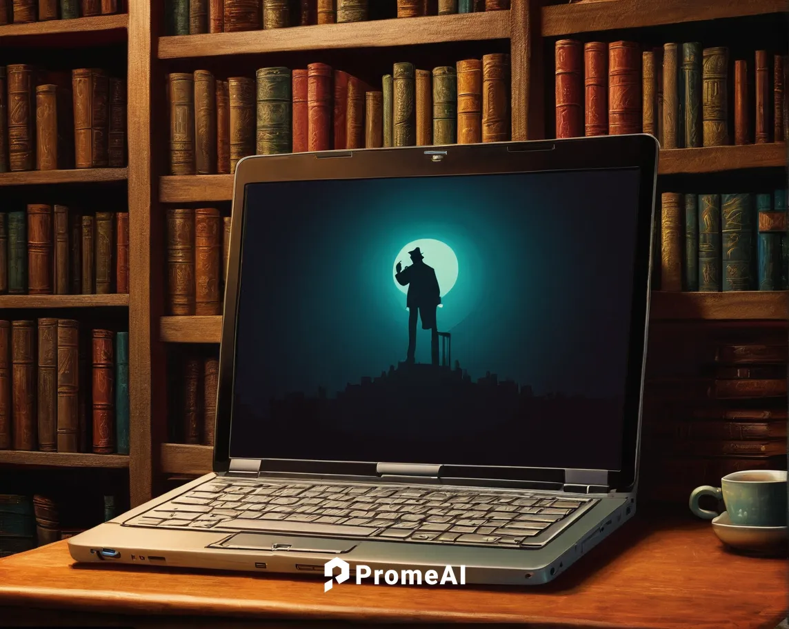 Create a prompt about a laptop in a detective novel.,sci fiction illustration,laptop screen,publish a book online,laptop,book electronic,man with a computer,computer art,publish e-book online,writing-