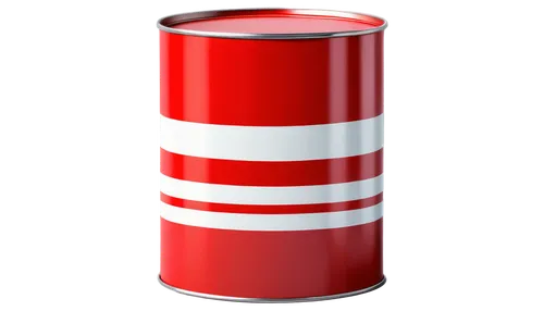 Retro style, metallic tin can, shiny surface, rounded edges, pop art colors, white and red stripes, bold typography, 3D rendering, highly detailed, close-up shot, soft focus background, warm lighting 