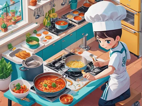 Write a humorous scene where Scoups competes in a cooking competition.,cooking book cover,food and cooking,cooking,making food,red cooking,big kitchen,cookery,cooking show,cooking vegetables,food prep