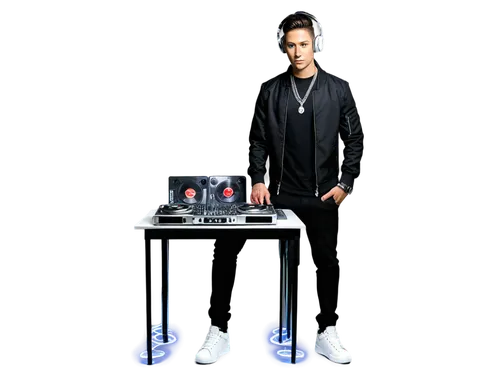 DJ, headphones, music producer, young adult, black jacket, silver chain, white sneakers, studio background, mixing console, microphone, vinyl records, laptop, cables, neon lights, 3/4 composition, low