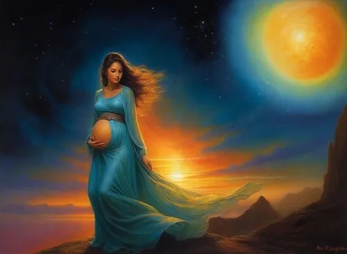 inanna,blue moon rose,kahlan,ashtar,fantasy picture,prophetess,selene,blue moon,asherah,asenath,sun moon,hecate,thyatira,mystical portrait of a girl,priestess,ariadne,fantasy art,imbolc,dreamtime,oshun,Illustration,Realistic Fantasy,Realistic Fantasy 32