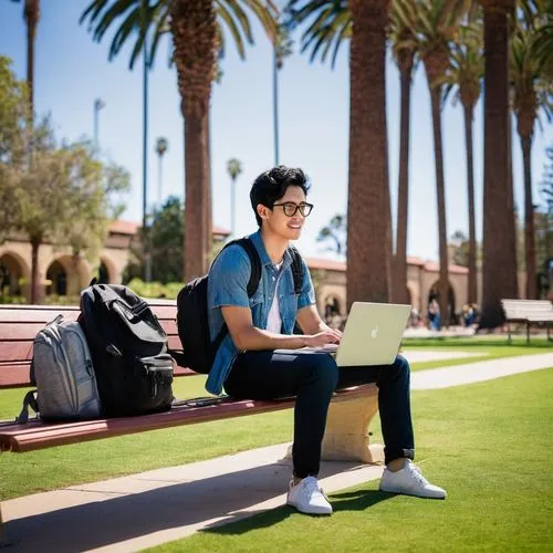 Stanford University, architectural design student, male, 20s, casual wear, black hair, glasses, laptop, backpack, sitting on a bench, Stanford campus, palm trees, sunny day, blue sky, outdoor, natural