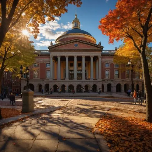 Boston, USA, 19th century, historic building, Charles Bulfinch architecture, grand entrance, columns, arches, ornate details, granite stones, intricate carvings, symmetrical facade, majestic dome, Ame