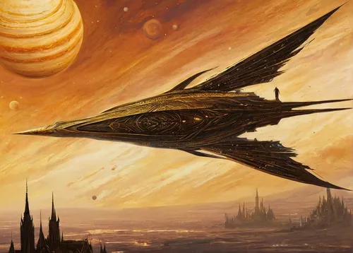 pioneer 10,airships,sci fiction illustration,sun wing,voyager,ganymede,airship,constellation swan,strix nebulosa,vulcania,harp of falcon eastern,interstellar bow wave,carrack,nautilus,cygnus,federation,space art,flying seed,flying seeds,cg artwork,Art,Artistic Painting,Artistic Painting 47