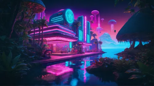 lagoon,futuristic landscape,tropical house,diamond lagoon,fantasy city,3d fantasy,acid lake,80's design,tropics,vapor,artificial island,miami,delight island,neon arrows,oasis,neon coffee,temple fade,fantasy world,futuristic,neon ghosts