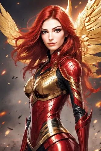 Realistic photo of a model with bold, dramatic makeup, smoky eyes, and red lips.,a lady wearing armor with golden wings on her shoulders,flamebird,fire angel,uniphoenix,zauriel,archangel,romanoff,Digi