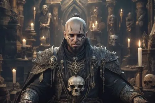 warrior magician, with great power, souls around, vision of the spiritual world,skull bones,skull statue,head of garlic,skulls,skull with crown,hall of the fallen,death's head,gothic portrait,dark elf