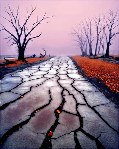 scorched earth,deadvlei,dead vlei,asphalt road,halloween bare trees,tire track,road forgotten,purple landscape,empty road,barren,leafless,roadless,sand road,dusty road,arid landscape,road to nowhere,maple road,roads,lava river,paved,Illustration,Realistic Fantasy,Realistic Fantasy 08