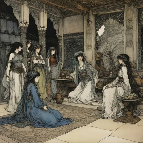 muharem,maidservants,priestesses,dressmakers,fingolfin,arthur rackham,noblewomen,maidens,thingol,handmaidens,courtiers,countesses,edwardians,norns,accolade,arhats,rhinemaidens,oriental painting,silmarillion,enchanters,Illustration,Retro,Retro 25