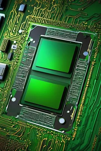 dram chip, electronic component, microelectronics, integrated circuit, motherboard, cpu, gpu, ram, circuit board, silver lines, metal pins, green substrate, futuristic, high-tech, detailed texture, me