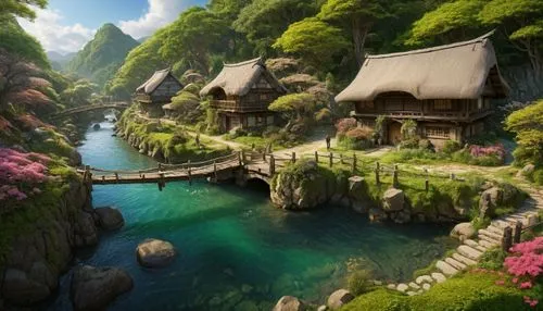 fantasy landscape,fairy village,japan landscape,japan garden,korean folk village,beautiful japan,japanese background,asian architecture,landscape background,south korea,fairy world,fantasy picture,chinese background,bird kingdom,mountain settlement,sake gardens,japanese garden,home landscape,mountain spring,mountain village