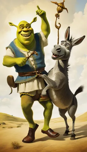 donkey,warrior and orc,anthropomorphized animals,cangaroo,ogre,green animals,biblical narrative characters,donkeys,donkey of the cotentin,don quixote,bull and terrier,barnyard,mule,goatherd,two running dogs,animated cartoon,animals hunting,game illustration,cut the rope,hop,Art,Artistic Painting,Artistic Painting 20