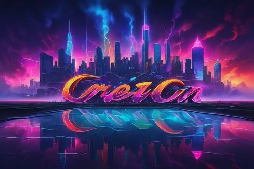 Typographic art, abstract typography, creative font arrangement, colorful words, 3D text effect, metallic surface reflection, neon light glow, futuristic cityscape background, low-angle composition, d