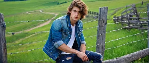 Alex Tillbrook, young adult, handsome, strong jawline, messy brown hair, bright blue eyes, casual wear, denim jacket, white T-shirt, ripped jeans, sneakers, leaning against, wooden fence, countryside,