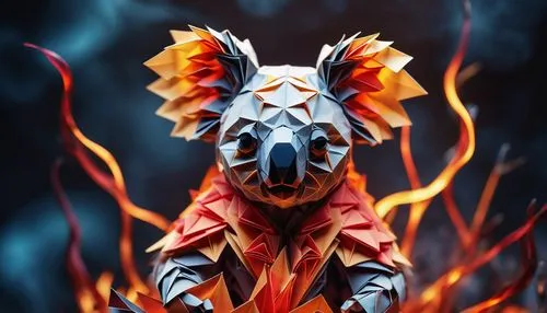 origami of a beautiful Koala crafted  with intricate in origami shapes and wisps of smoke, stands tall amidst soaring sparks and contrasting colors walking in nature,a paper sculpture depicting a bear