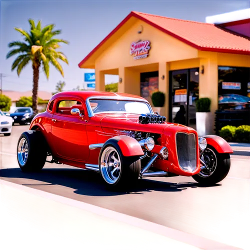 Hot rod, shiny red body, flame decals, chrome exhaust pipes, low-rider stance, sleek wheels, racing stripes, dynamic pose, speeding motion blur, sunny day, 3/4 composition, shallow depth of field, war