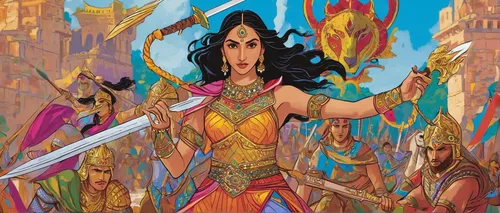 Illustrate Kiara Advani as a powerful warrior leading an epic battle in a fantasy realm.,female warrior,ramayana,warrior woman,wonder woman city,wonderwoman,heroic fantasy,ramayan,mulan,jaya,goddess o