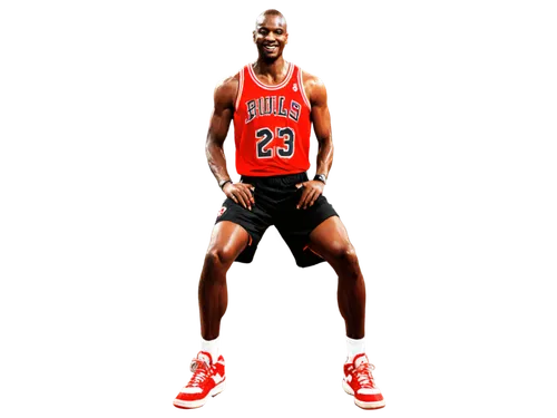 Michael Jordan, sports legend, solo, (40s), iconic smile, sweat drips down face, short black hair, basketball jersey number 23, red and black sneakers, muscular arms crossed, confident pose, studio li