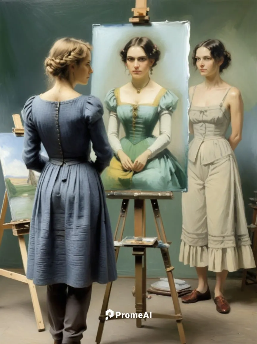 The picture shows the famous German painter Franz Lenbach (Munich) from behind in the foreground, painting at an easel. On the easel is a half-finished portrait of Anna Schäffer. In the blurred backgr