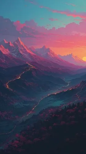 painting of colorful mountain scenery in the afternoon,mountain sunrise,alpine sunset,fantasy landscape,mountain landscape,mountains,purple landscape,Conceptual Art,Fantasy,Fantasy 32