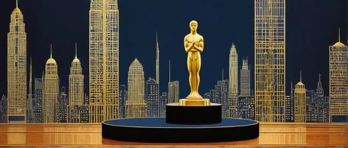 Modern architectural design award trophy, sleek metallic structure, golden color, intricate details, pedestal base, circular shape, elegant font, "Design Excellence" engraved, stage lighting, dark blu