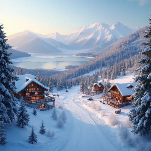 Snow-capped mountains, gentle slopes, ski lifts, chairlifts, gondolas, snowmaking machines, frozen lakes, icy waterfalls, frosty pine trees, rustic wooden chalets, modern ski lodges, expansive windows