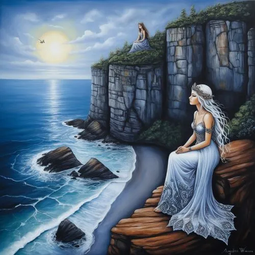 a painting of a woman on a cliff overlooking the ocean,fantasy picture,fantasy art,mermaid background,cliffside,amphitrite,fathom,Illustration,Abstract Fantasy,Abstract Fantasy 14