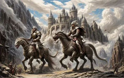 two medieval knights galloping along a castle and looking for danger,dragonlance,gondolin,tirith,beleriand,fantasy picture,rohirrim