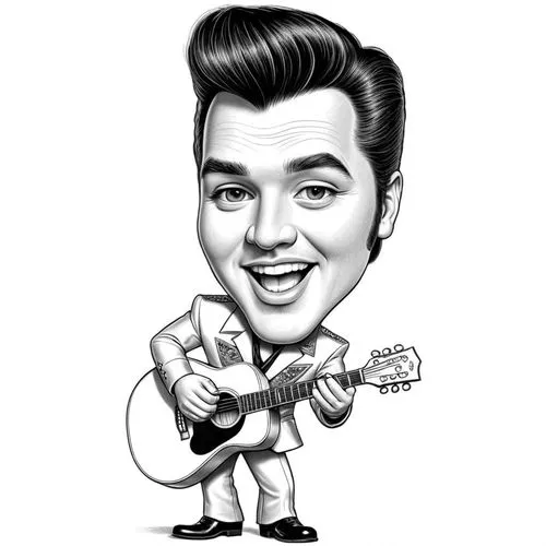 pencil drawing style  Julius Leblanc Stewart,a caricature drawing of a man with a guitar,elvis presley,elvis,presley,rockabilly,retro 1950's clip art,elvises,Design Sketch,Design Sketch,Black and whit