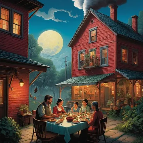 gnomes at table,alpine restaurant,crewdson,romantic dinner,a restaurant,night scene,tavern,diner,outdoor dining,dining,fantasy picture,restaurant,rathskeller,romantic scene,evening atmosphere,eatery,fine dining restaurant,restaurants,townsmen,new york restaurant,Illustration,Realistic Fantasy,Realistic Fantasy 05