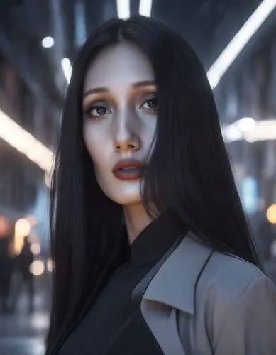 A sad beautiful model with straight long black hairs and she in black dress and jacket - walking down the futuristic street in the darkest night. , black outfit ,alita,elektra,nanites,katniss,organa,h